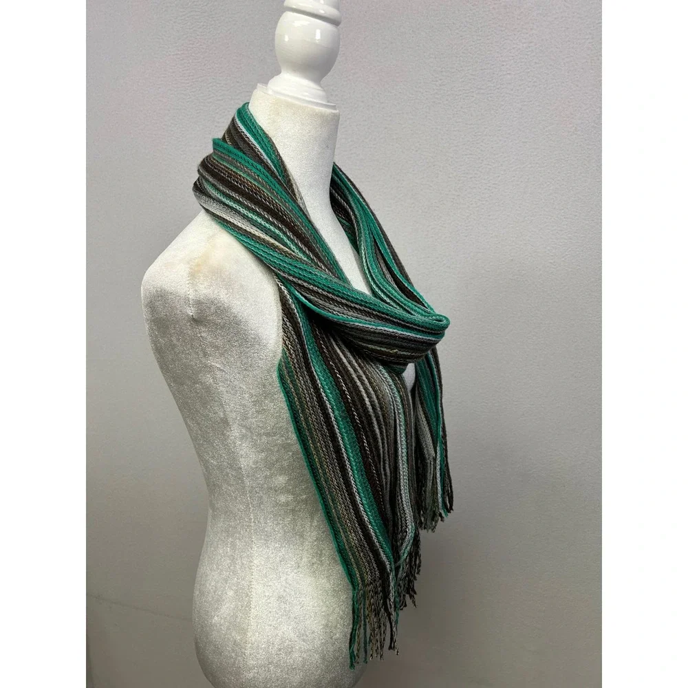 Boho Gorpcore Unisex OS Green Brown Striped Fringed Knit Scarf